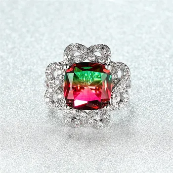 Prabanga Moterų Rainbow Crystal Akmens Žiedas Classic Sidabro Spalvos Vestuvinis Žiedas Žavesio Aikštėje Cirkonis Gėlių, Vestuvių Žiedai Moterims