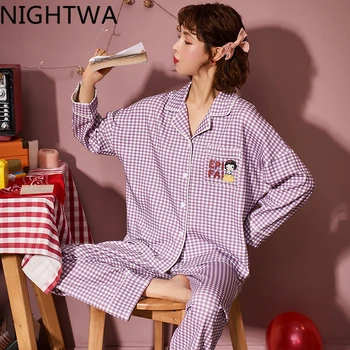 NIGHTWA Atvartas Ponios Namų, Laisvalaikio Kostiumas Moterų Sleepwear Pižama Rinkiniai Femme Long Sleeve Top + Kelnės Mielas 2 vnt Pyjama Rinkiniai