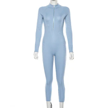 2020 m. Rudenį Bodycon Jumpsuit Aukšto Juosmens Elegantiškas ilgomis Rankovėmis Mėlyna Jumpsuit Golfo Megzti moteriški darbo drabužiai Macacao Feminino