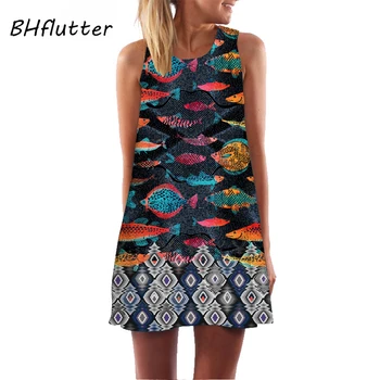 BHflutter Mielas Žuvų Spausdinti Vasaros Suknelė Moterims Mados Rankovių Atsitiktinis Palaidų Šifono Suknelė Ponios Paplūdimio Mini Suknelė Vestidos
