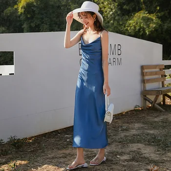 2020 Metų Vasaros Moterų Atlasas Ilga Suknelė Mėlynos Spalvos Elegantiškas Suknelės Moteris Šalis Naktinis Klubas Seksualus Backless Spageti Dirželis Šilko Slydimo Suknelė
