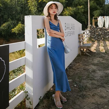 2020 Metų Vasaros Moterų Atlasas Ilga Suknelė Mėlynos Spalvos Elegantiškas Suknelės Moteris Šalis Naktinis Klubas Seksualus Backless Spageti Dirželis Šilko Slydimo Suknelė