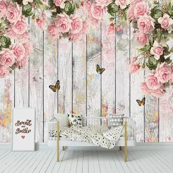 Custom Sienų Tapetai, 3D Pink Gėlių Paukštis, Drugelis Medinės Lentos, Sienos Tapyba Kambarį Miegamojo Romantiškas Namų Dekoro Freskomis