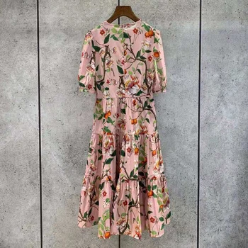 Dizaineris mados medvilnės suknelė 2021 m. vasarą aukštos kokybės elegantiškas pink gėlių spausdinti žibintų rankovės raukiniai midi šalis suknelė