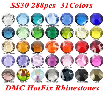 288pcs/maišas SS30(6.3~6,5 mm) 31 Spalvų DMC Flatback Kristalai Hot Fix Strazdų, Stiklo Masės Siuvimo & Audinio, Drabužio kalnų krištolas