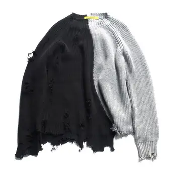 Rudens-žiemos vyrų neveikiančių skylę kratinys negabaritinių megzti megztinis nereguliarus dizainas, hip-hop, punk trikotažas moterims vintage megztinis