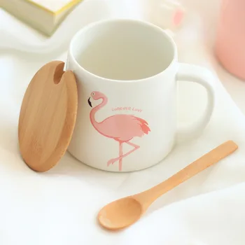 350ml Mielas Pink Flamingo Keraminės Kavos Puodelis su Dangteliu ir Šaukštu Kavos, Pieno, Arbatos Puodeliai Vandens Kūrybos Dovanos