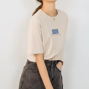 Hirsionsan Chaki Medvilnės Marškinėliai Moterims 2020 Metų Vasaros Naują Korėjos Spausdinti Minkštas Tshirts Atsitiktinis Tiesiai Tees Harajuku Prarasti Merginų Topai