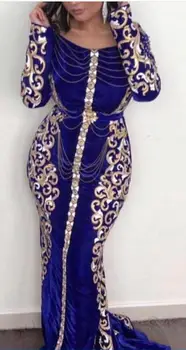 Dubajus Arabų Aksomo Undinė Vakarinę Suknelę 2020 Royal Blue Off Peties Ilgomis Rankovėmis Prom Dresses Aukso Appliques Oficialią Chalatai