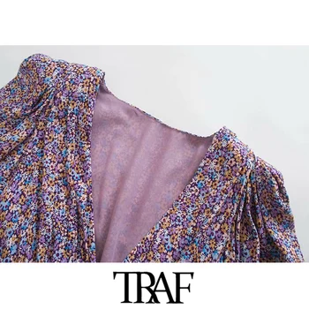 TRAF Moterų Prašmatnus Su Mados Pečių Pagalvėlės Išspausdinti Mini Suknelė Vintage Trumpas Rankovės Atgal Elastinga Moterų Suknelės Mujer