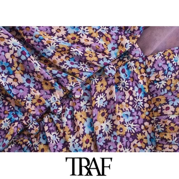 TRAF Moterų Prašmatnus Su Mados Pečių Pagalvėlės Išspausdinti Mini Suknelė Vintage Trumpas Rankovės Atgal Elastinga Moterų Suknelės Mujer
