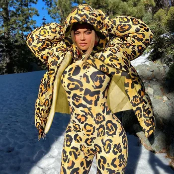 SEZONAI Medvilnės Burbulas Puffer Coat Žiemos Gobtuvu, Užtrauktukas, Šiltas Parkas Moterų Leopardas Spausdinti Viršutiniai drabužiai Atsitiktinis Negabaritinių Striukė ACO82390