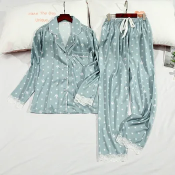 2020 m. Pavasario Vasaros Moterų Pižama Rinkiniai, Negabaritinių Pringting Moterų Sleepwear Miegui su Nėrinių ilgomis Rankovėmis naktiniai drabužiai Ponios