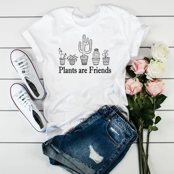Luslos Daug Kaktusas Laiškai Spausdinami Augalai yra Draugai, Moterys, Ponios Atsitiktinis Tumblr Harajuku trumpomis Rankovėmis T-shirt Camisas Mujer