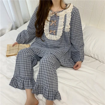 Lolita princess pižama nustatyti kawaii japonijos korėjiečių stiliaus namų tiktų palaidi raukiniai pledas sleepwear ilgomis rankovėmis viršūnes kelnes nustatyti Y144