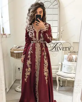 Bordo Maroko Kaftan Veliūras Keltas Suknelės Ilgomis Rankovėmis Musulmonų Vakare Chalatai Aukso Appliques Nėrinių Dubajaus Moterų Suknelė