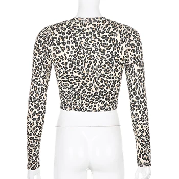 Darlingaga Mados Megzti Leopard Print Long Sleeve T shirt Moterims Topai Slim Mygtukai Atsitiktinis Derliaus Viršuje Tee Pagrindinio Rudenį Marškinėlius Naujas