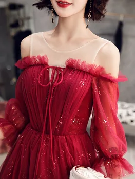 Vyno Raudona 2020 Naujas Mados Moterų vakarinę Suknelę Iliuzija, O-kaklo Ruffles Blizgančiais Linijos Prom Dresses Atgal Nėrinių Užsakymą