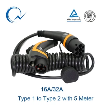 16A 32A EV Kabelis 3.6 KW 7.6 KW J1772 1 Tipo su 2 Tipo IEC62196 EV Įkrovimo Kištukas Su 5 Metrų spiralinis kabelis / tiesus kabelis, TUV/UL