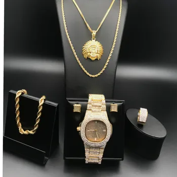 Prabangių Vyrų Aukso Spalvos Watch &Karoliai & Apyrankę & Auskarai Combo Set Ledo Iš Kubos Žiūrėti Hip-Hop Kristalų Miami Apyrankė Vyrams