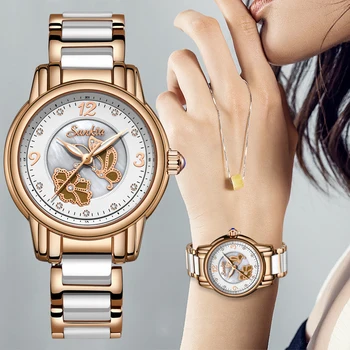 SUNKTA NAUJAS Prekės ženklas Prabangos Ponios Rose Gold Moterų Laikrodžiai Kvarcinis Laikrodis Moterims, Moteriška Žiūrėti Mergina, Laikrodžiai Relogio Feminino+Box