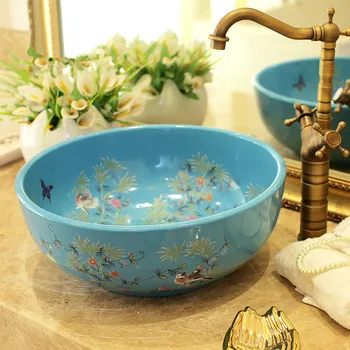 Keraminiai praustuvai skaitiklis viršuje kriaukle vonios kambarys turas kriauklės Mados praustuvas Kriaukle meno keraminės kriauklės, gėlių ir paukščių mėlyna