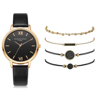 5vnt Set Top Stiliaus Mados Moterų Prabangus Odinis Juosta Kvarcinis Analoginis Laikrodis Ponios Žiūrėti Moterų Suknelė Reloj Mujer Black Laikrodis