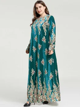 Plius Dydis Moterų Žiemos Maxi Ilgio Suknelės Aksomo Elegantiškas Aukso Štampavimo Gėlių Spausdinti Musulmonų Suknelė Abaja Skraiste 2020 M - 4XL