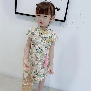 1-6T Vasarą Naujų Mergaičių Suknelės, Gėlių Baby Girl Weding Šalis Suknelė Vaikų Kinijos Tradicinės Cheongsam Kostiumų Komplektus Qipao