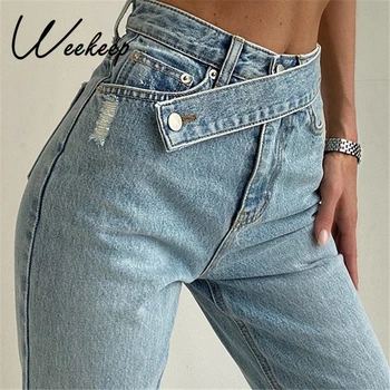 Weekeep Gatvės Stilių Vintage Džinsai Moterų Mados Įstrižai Aukšto Juosmens 90s Džinsinio audinio Kelnės Harajuku Prarasti Platus, Kojos Tiesios Kelnės