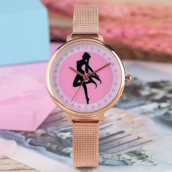 Moterys, Kvarciniai Laikrodžiai Mados Sailor Moon Stiliaus Moterų Riešo Žiūrėti Nerūdijančio Plieno Tinklelio, Diržu, Ponios Laikrodis relojes mujer #002