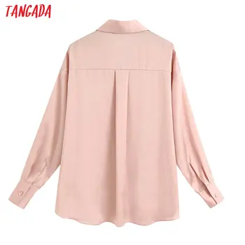 Tangada moterų rožinė satino marškinėliai ilgomis rankovėmis kietas elegantiškas biuras ponios palaidinės, topai 6Z05