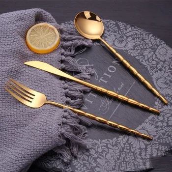 304 nerūdijančio plieno stalo įrankiai Europos stiliaus bambuko rankena aukso vakarų maisto šakutę, šaukštą ir namų virtuvės reikmenys