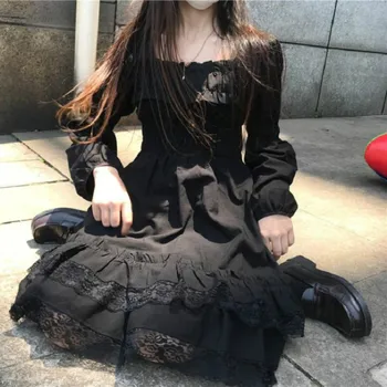 Japonijos Moterys Viktorijos Gotika Aikštėje Apykaklės Raukiniai, Nėriniai Juoda Lolita Dress Rudenį Merginų Punk Stiliaus Ilgomis Rankovėmis Mini Suknelės