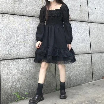 Japonijos Moterys Viktorijos Gotika Aikštėje Apykaklės Raukiniai, Nėriniai Juoda Lolita Dress Rudenį Merginų Punk Stiliaus Ilgomis Rankovėmis Mini Suknelės