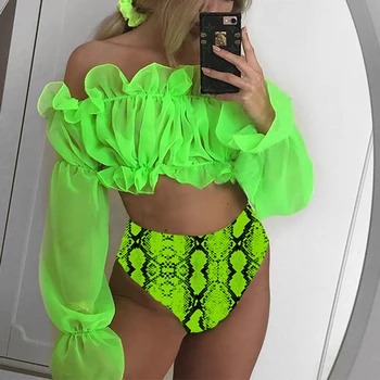 Neoninė Žalia Off peties ilgomis rankovėmis bikini Aukšto juosmens maudymosi kostiumėlį 2019 moterų Tinklinio moterų maudymosi kostiumėliai, Bikini nustatyti, Gyvatė, maudymosi kostiumą
