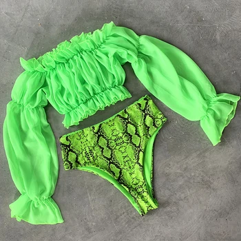 Neoninė Žalia Off peties ilgomis rankovėmis bikini Aukšto juosmens maudymosi kostiumėlį 2019 moterų Tinklinio moterų maudymosi kostiumėliai, Bikini nustatyti, Gyvatė, maudymosi kostiumą