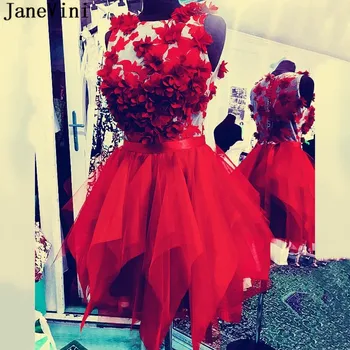 JaneVini Raudona Trumpas Kokteilių Suknelės 2020 Royal Blue Rankų Darbo Gėlės Organza Raukiniai Prom Šalis Oficialų Suknelė Vestido Elegante