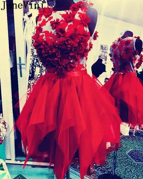 JaneVini Raudona Trumpas Kokteilių Suknelės 2020 Royal Blue Rankų Darbo Gėlės Organza Raukiniai Prom Šalis Oficialų Suknelė Vestido Elegante