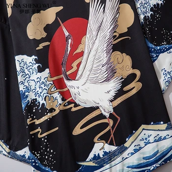 Japonų Stiliaus Krano Spausdinti Banga Kimono Moterų, Vyrų Megztinis Marškinėliai Yukata Haori Obi Drabužių Derliaus Tradicija Palaidinė Paplūdimio Drabužiai
