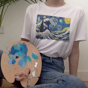 Ukiyoe Vincent Van Gogh Spausdinti Marškinėlius Harajuku Estetinės Drabužiai Moterims Trumpomis Rankovėmis Tee Str Viršuje Derliaus Japonų Stiliaus Streetwear