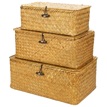 Audiniai iš Vytelių Saugojimo Dėžės su Dangčiu - 3 - Stačiakampio formos Seagrass Krepšelis/Saugojimo Krepšys Už Lentynos Organizatorius