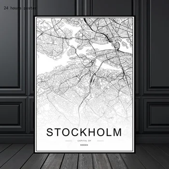 Švedija Stokholmas Miesto Juoda ir Balta Žemėlapis Plakatas Šiuolaikinio Meno Spaudiniai Dekoratyvinės Tapybos Kūrinys