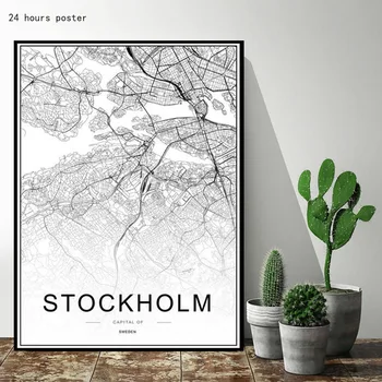 Švedija Stokholmas Miesto Juoda ir Balta Žemėlapis Plakatas Šiuolaikinio Meno Spaudiniai Dekoratyvinės Tapybos Kūrinys