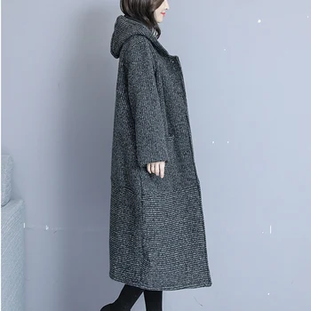 2019 Didelio dydžio Moteris Rudens-žiemos Vilnoniai paltai Versija Prarasti Ilgai Skyriuje Plius Aksomo Storio Gobtuvu Vilnonis paltas Moteriška Outwear