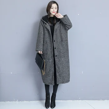 2019 Didelio dydžio Moteris Rudens-žiemos Vilnoniai paltai Versija Prarasti Ilgai Skyriuje Plius Aksomo Storio Gobtuvu Vilnonis paltas Moteriška Outwear