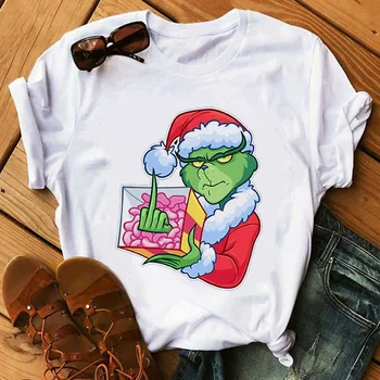 Grinch Kalėdų Animacinių filmų Grafika Print T-shirt Moterims, Harajuku Estetinės Įdomus Marškinėlius trumpomis Rankovėmis Tee Balta Moterų Marškinėliai