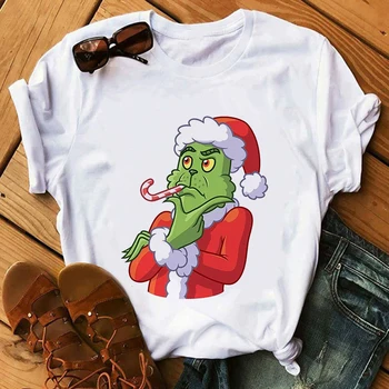 Grinch Kalėdų Animacinių filmų Grafika Print T-shirt Moterims, Harajuku Estetinės Įdomus Marškinėlius trumpomis Rankovėmis Tee Balta Moterų Marškinėliai
