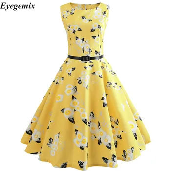 Drugelis Gėlių Vintage Suknelė Skraiste Vasaros Seksualus Rankovių 50s 60s Audrey Hepburn Stiliaus Geltonos spalvos Suknelė Big Swing Rockabilly Suknelė