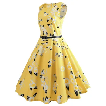 Drugelis Gėlių Vintage Suknelė Skraiste Vasaros Seksualus Rankovių 50s 60s Audrey Hepburn Stiliaus Geltonos spalvos Suknelė Big Swing Rockabilly Suknelė